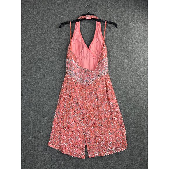 Scala Vintgae 90's Y2K Halter Mini Dress Size 10 Pink Beaded Sequin Silk - Picture 2 of 5
